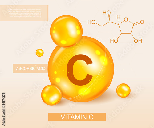 Colorful banner depicting vitamin C and its chemical formula. Vector illustration