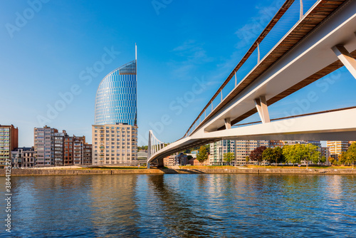 Modern bridge crossing Meuse River in Liège Belgium