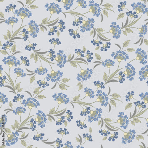 Vector floral seamless pattern. Abstract background with simple small blue flowers, leaves, branches. Liberty style wallpapers. Elegant ditsy texture. Repeat natural design for decor, textile, print 