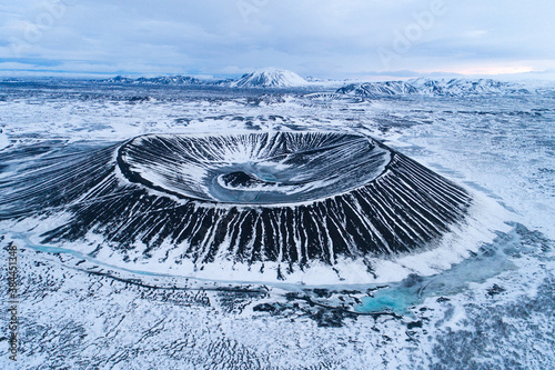 Aerial wiew of Hverfjall Crater at lake Mývatn in winter, North Iceland.