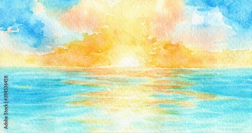 Bright sunrise, sunset over the tropical sea, watercolor hand drawn illustration