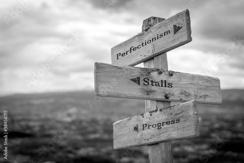 perfectionism stalls progress text quote on wooden signpost outdoors in black and white.