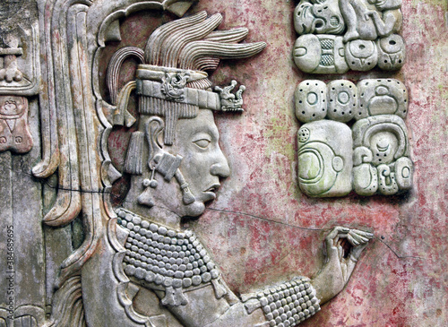 Bas-relief carving with of a Mayan king, Palenque, Chiapas, Mexico