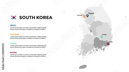 South Korea vector map infographic template. Slide presentation. Global business marketing concept. Asia country. World transportation geography data. 
