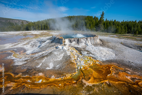 hydrothermal areas of upper geyser basin in yellowstone national park, wyoming in the usa