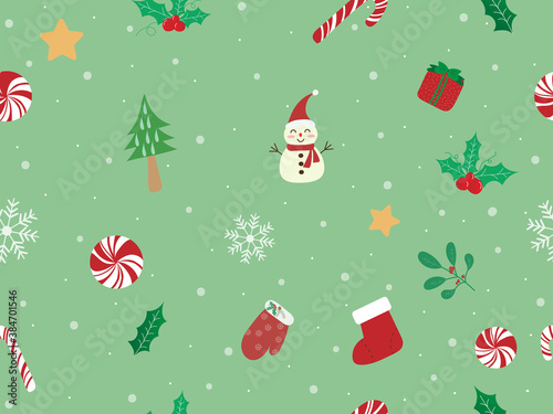 Sweet and beautiful Christmas seamless pattern background with candy cane, mistletoe, snowman, glove and sock on pastel green wallpaper. Cute vector art with snowfall for xmas and new year design
