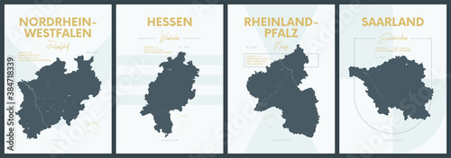 Vector posters with highly detailed silhouettes maps states of Germany - Nordrhein-Westfalen, Hessen, Rheinland-Pfalz, Saarland - set 3 of 4