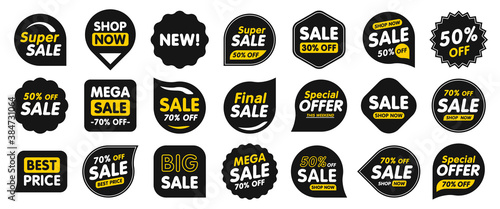 Set of Sale badges. Sale quality tags and labels. Template banner shopping badges. Special offer, sale, discount, shop, black friday. Vector illustration.