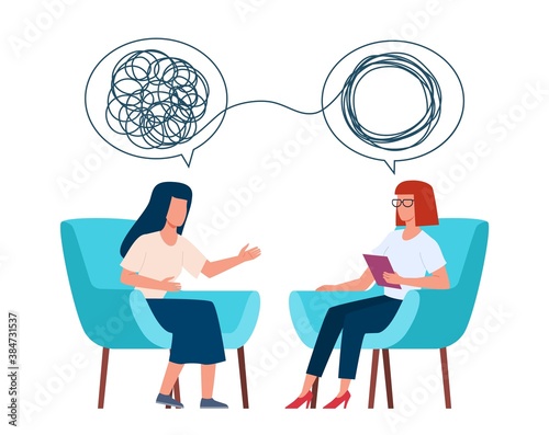 Psychotherapy concept. Psychologist and patient with tangled and untangled mind metaphor, doctor solving psychological problems, couch consultation, mental health vector illustration