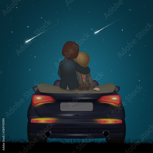 couple looking the shooting stars on car