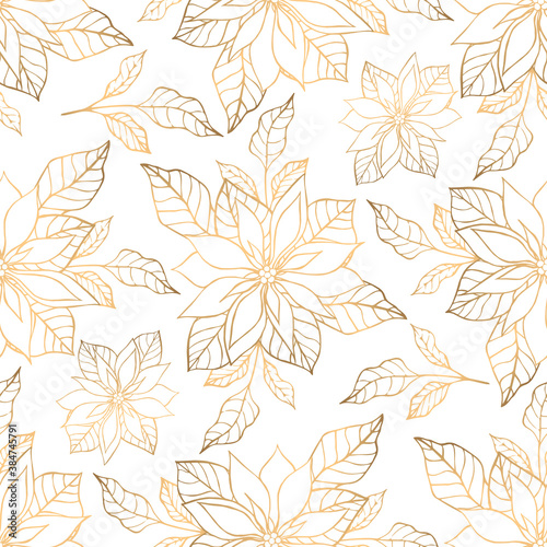 Hand drawn seamless pattern with golden bouquet of poansettia