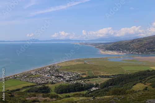 A view from a high vantage point over Fairbourne, Barmouth and Cardigan Bay, Gwynedd, Wales, UK.