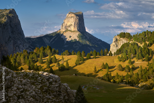 Mont Aiguille in Autumn at sunset in the Vercors High Plateaus. Vercors Regional Natural Park, Isere, Rhone-Alpes, Alps, France