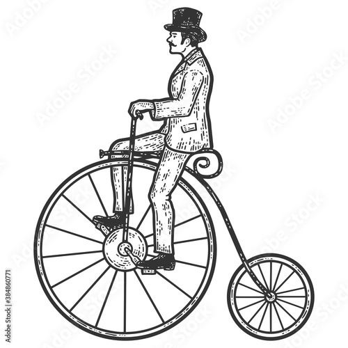 Vintage man on a high bike, penny farthing. Sketch scratch board imitation coloring.