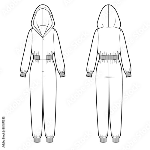 Vector illustration of women's hooded maxi jumpsuit. Front and back