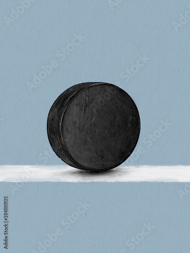 Minimalistic drawing of a hockey puck on a line on the ice. Mockup poster design.