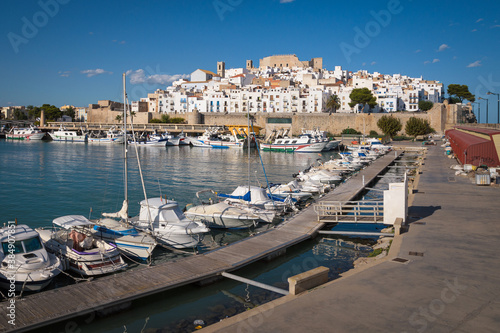 Peníscola harbor with the castle and the walled precinct in the background, Castellon, Spain