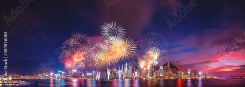 Panorama view of Hong Kong fireworks show in Victoria Harbor