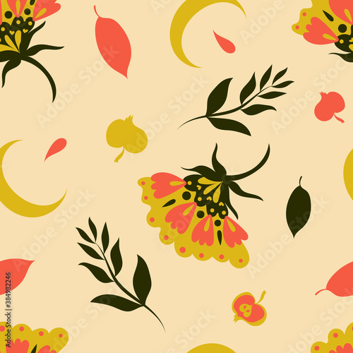 Cute autumnal pattern in natural warm colors with flowers, twigs, leaves, berries and moons on light yellow background