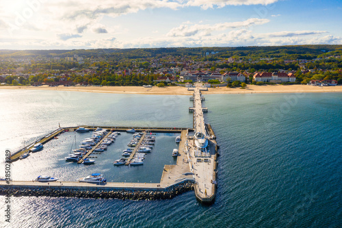 Aerial view of the Baltic sea coastline and wooden pier in Sopot, Poland