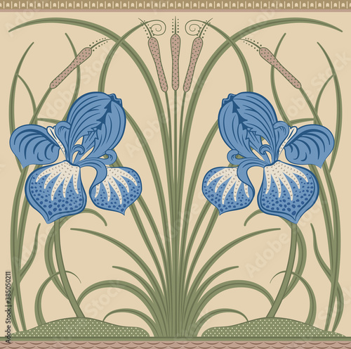 Blue big irises and green reeds decorative border pattern on light background. Vector illustration.