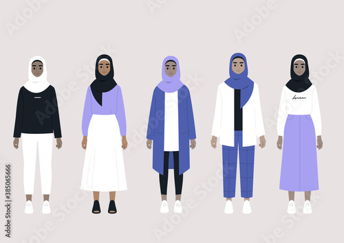 A set of middle eastern female characters wearing hijabs and different outfits: casual, elegant, sport, business