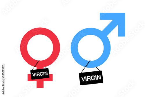 Virginity and being virgin - female and male sex and gender symbol is labelled and marked by sign. Vector illustration isolated on white.