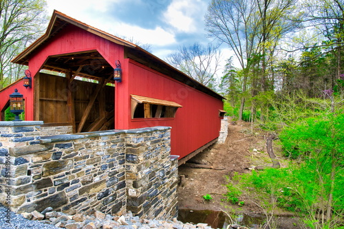 An Old Restored 1844 Covered Bridge on a Spring Day