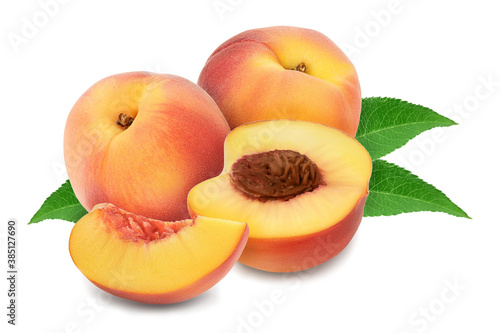 Ripe peach fruit with slices isolated on white background with clipping path and full depth of field
