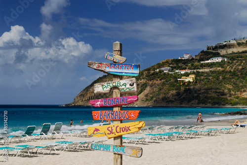 Signpost of Caribbean islands on the beach at St Maarten