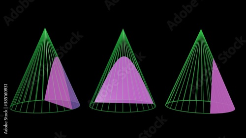 Hyperbola conic cross section. Flat plane sliced view intersection inside conic geometry . Sectional views , slices. Straight vertical cut. 3d rendering illustration