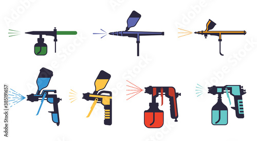 Paint pistols set. Sprayers airbrushing yellow red pulverizers with nozzles stylish wall art graffiti industrial and artistic painting compressor spraying green paint elements design. Vector color.