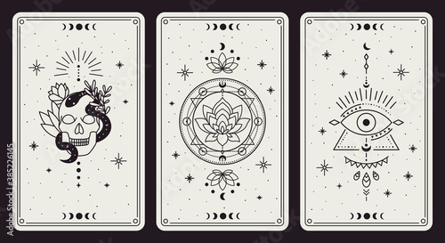 Magic occult cards. Vintage hand drawn mystic tarot cards, skull, lotus and evil eye magical symbols, magic occult cards vector illustration set. Esoteric, astrological elements for prediction