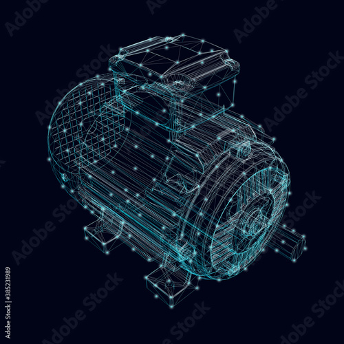 Electric motor frame made of blue lines with glowing lights on a dark background. Isometric view. 3D. Vector illustration