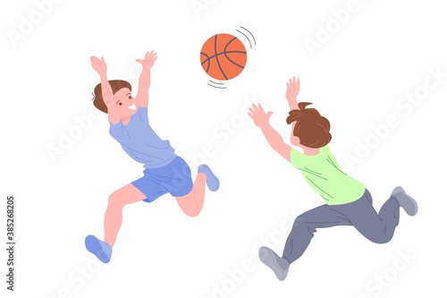 Happy children playing sport game. Boy and girl doing physical exercise. Kids playing basketeball. Active healthy childhood. Flat vector cartoon illustration isolated on white background