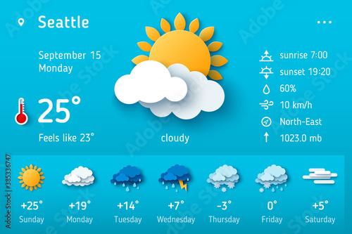 Weather forecast widget. Vector illustration. Daily weather forecast application template. Temperature, wind direction, atmosphere pressure, sunrise and sunset icons set. Paper cut climate signs