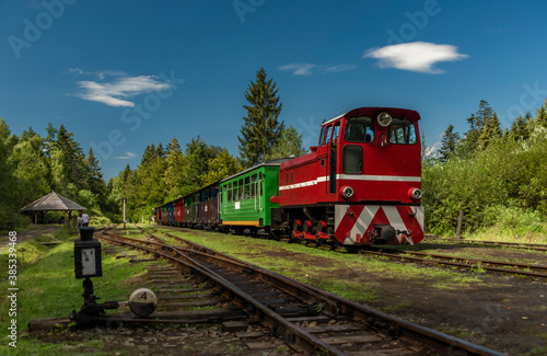 Narrow gauge railway in Balnica station in Poland mountains in summer sunny day