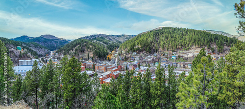 View from above of historical wild west town of Deadwood in South Dakota USA.