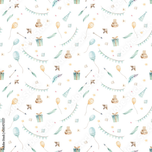 Cute bohemian baby Birthday party seamless pattern. Scrapbooking kids paper nursery decoration. forest illustration for children forest animal pattern.