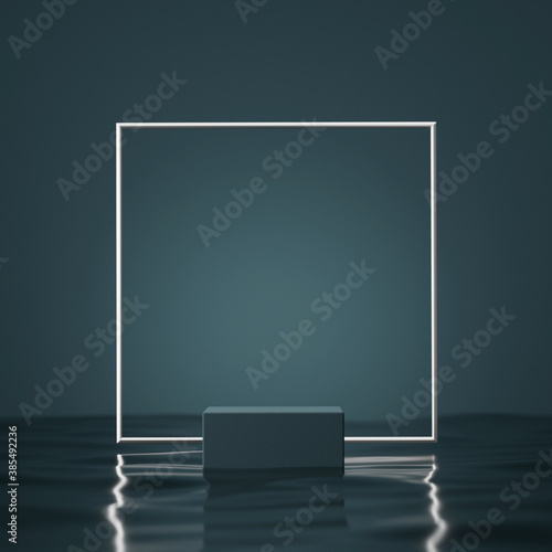 3D background, podium, display with water. Dark blue and silver pedestal with square frame. Abstract Minimal geometric, studio scene for male product presentation or text. Branding 3D render