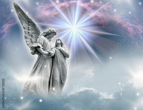 a guardian angel archangel with a woman with a star, light, beautiful mystic sky like angelic divine and spiritual concept 