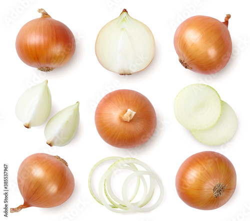 Whole and sliced onions isolated on white background. Top view.