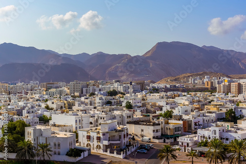 An early morning view across Muscat, Oman towards the distant mountains in late summer