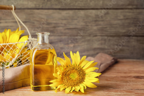 Bottle of sunflower oil on table