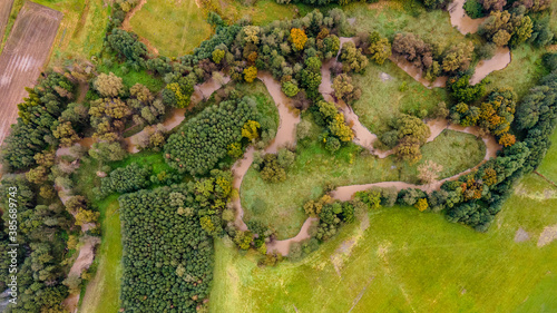 meandry rzeki Piotrówki, granica Polsko-Czeska na Śląsku z lotu ptaka