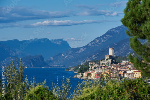 Panoramic view of the old town of Malcesine. Italian resort on Lake Garda. Palazzo dei Capitani is a historic building in Italy. Scaliger Castle in Malcesine Lake Garda Italy.