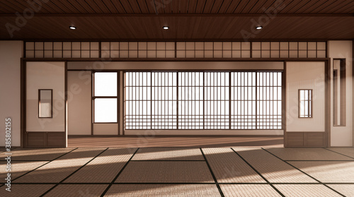 The room is spacious design of the Japanese style And light in natural tones. 3D rendering