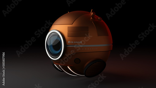 3d rendering of an isolated spherical flying futuristic droid robot with big blue eyes and white lights on a black background.