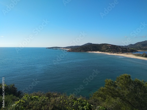 Mediterranean seascape, coastline and turquoise water from Chia tower in Sardinia, Italy 