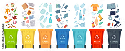 Waste segregation. Sorting garbage by material and type in colored trash cans. Separating and recycling garbage vector infographic. Garbage and trash, ecology rubbish recycling illustration